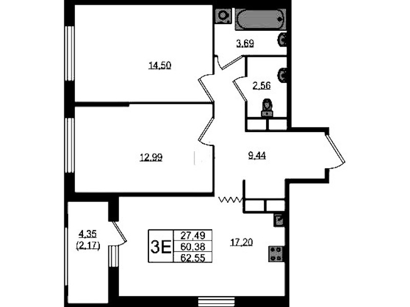 2-комнатная квартира 62.55 м², 3/12 эт., ЖК «UP! Квартал Воронцовский»